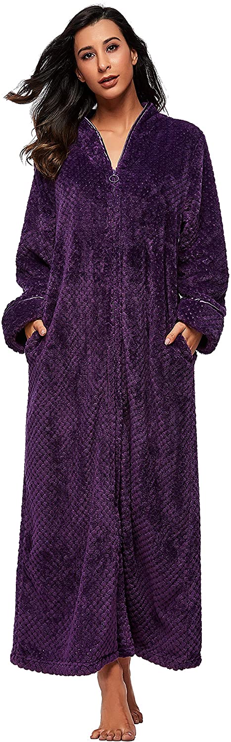 Price:$33.98 SEEU Women Soft Fleece Bathrobe with Zip Full Length Fluffy Dressing Gown with 2 Side Pockets at Amazon Women’s Clothing store
