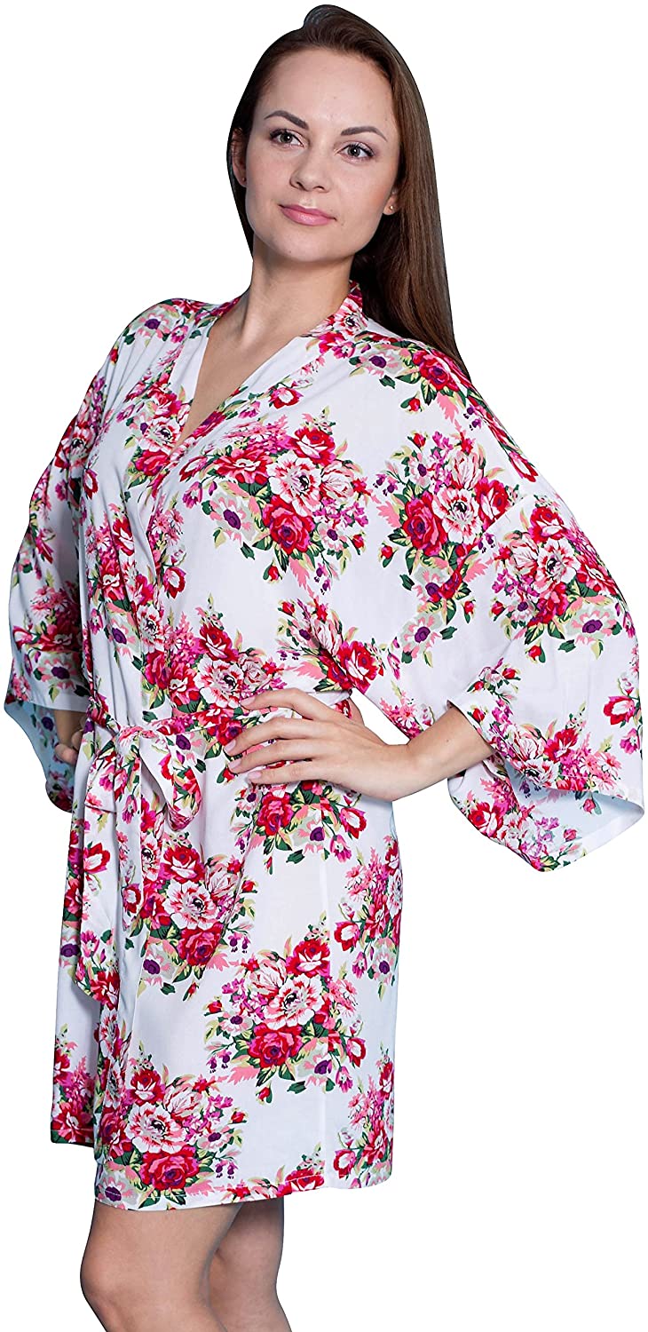 Price:$17.99 Taniri Cotton Floral Kimono Robes for Bride and Bridesmaids Wedding Party Gifts White at Amazon Women’s Clothing store