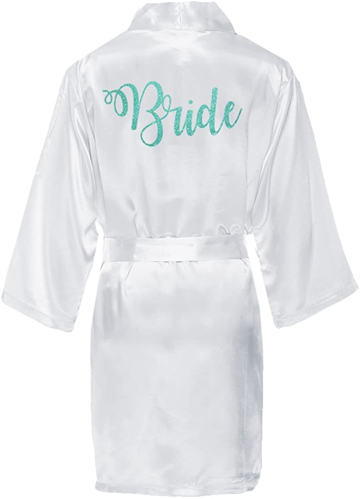 Price:$28.00 Bride Satin Kimono Robe with Glitter Print - White Bridal Robes at Amazon Women’s Clothing store