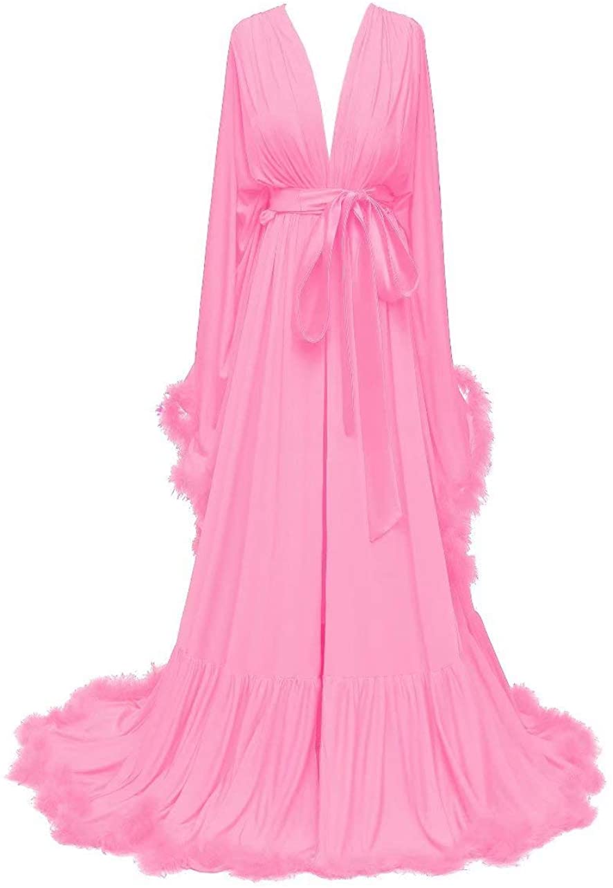 Price:$89.99 Mauwey Women Sexy Bridal Robe Feather Long Wedding Scarf Satin Lingerie Robe Nightgown Bathrobe Sleepwear at Amazon Women’s Clothing store