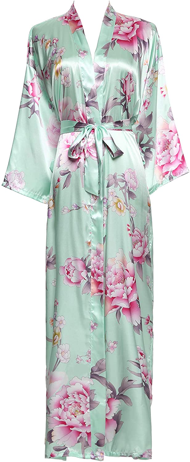 Price:$23.99 Owiter Peony Women 's Long Kimono Robe Floral Bridesmaid Robe, Bridal Robe (Mint) at Amazon Women’s Clothing store