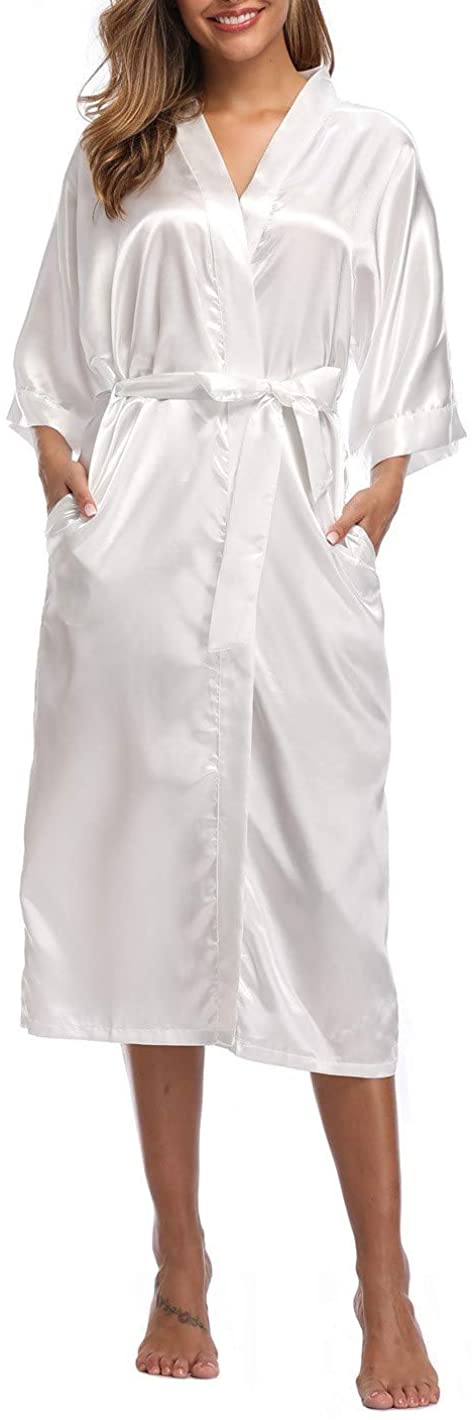 Price:$15.99 VOGTORY Women's Satin Robes Pure Color Long Kimono Bathrobes Soft Nightgown at Amazon Women’s Clothing store