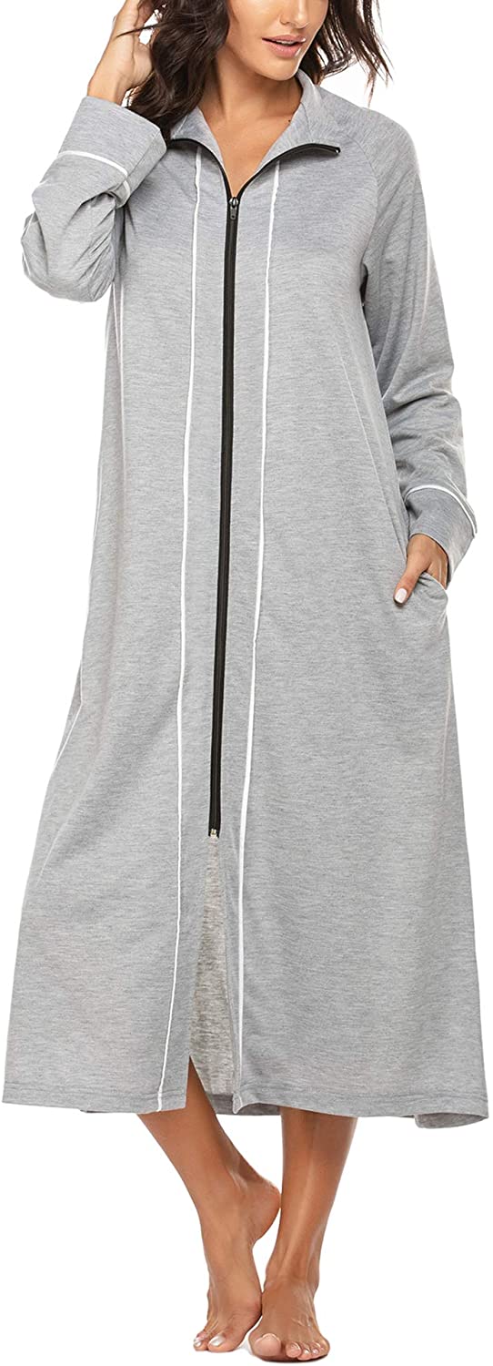 Price:$17.02 Ekouaer Women Long House Coat Zipper Front Robes Full Length Nightgowns with Pockets Stand Collar Loungewear at Amazon Women’s Clothing store