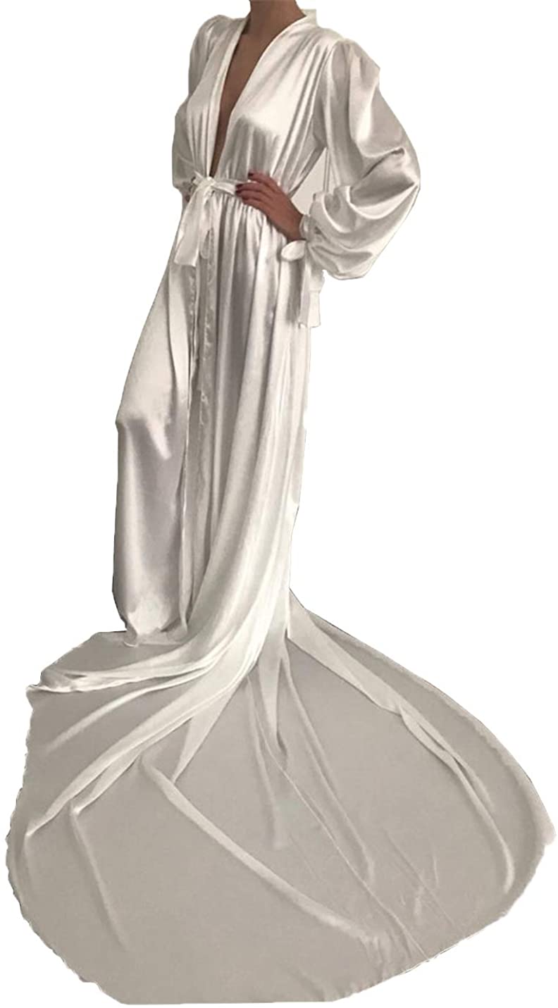Price:$65.00 Women Sexy Satin Long Wedding Scarf Nightgown Robe Perspective Bathrobe Sleepwear with Belt at Amazon Women’s Clothing store