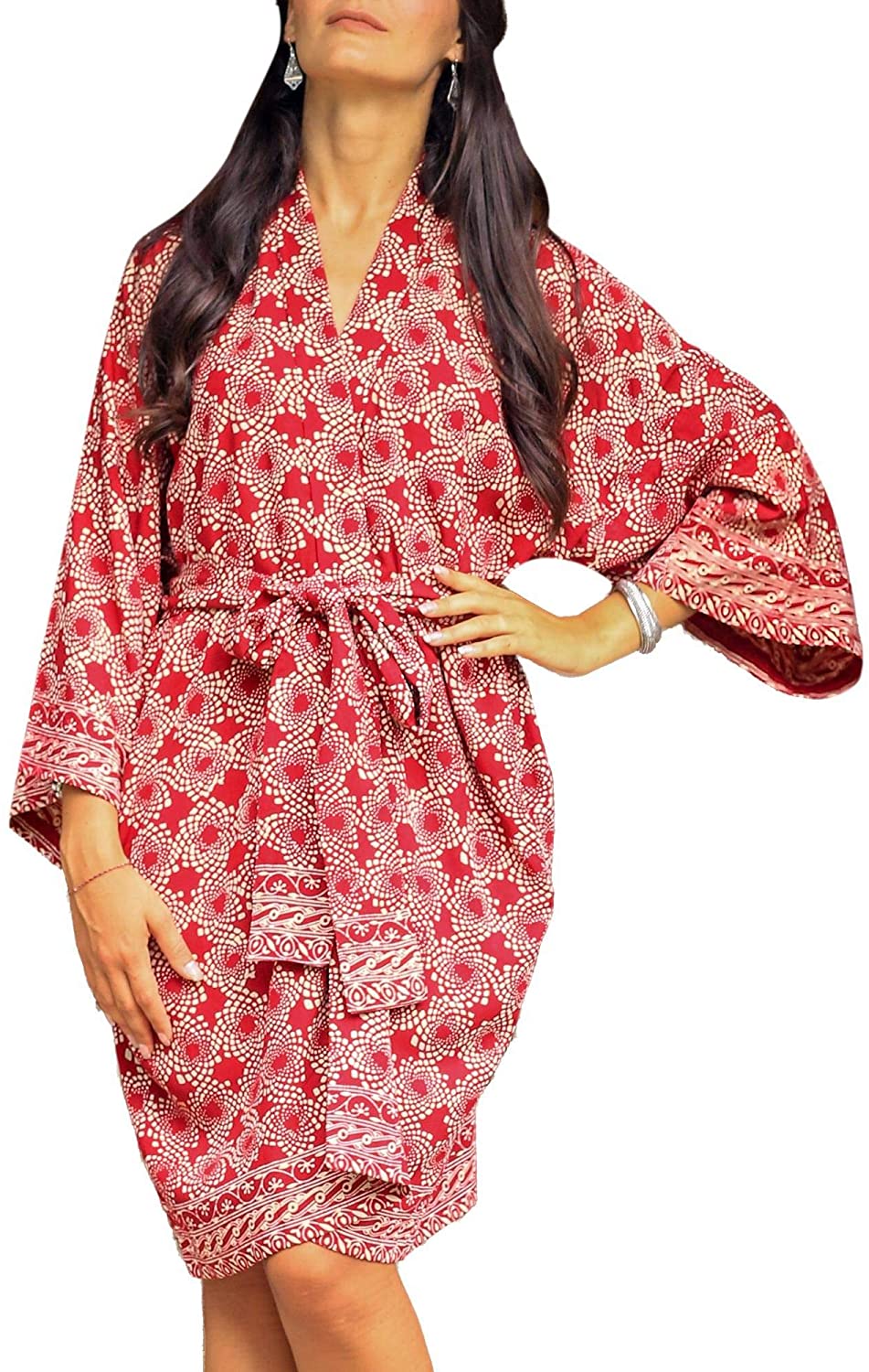 Price:$57.99    NOVICA Red Short Rayon Batik Robe, Ruby Red Nebula'  Clothing