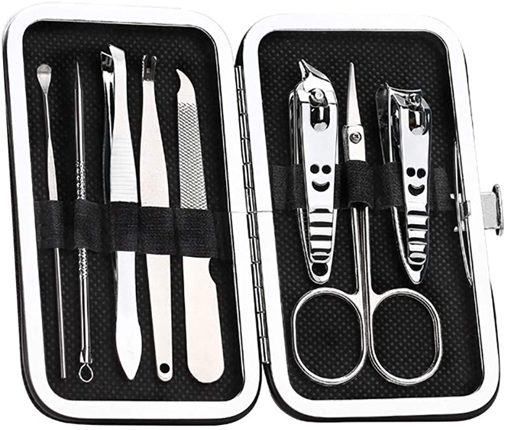 Price:$18.25 QIUUE 8Pcs Stainless Steel Nail Clippers Scissors Suit Set Kits Manicure (Black) at Amazon Women’s Clothing store