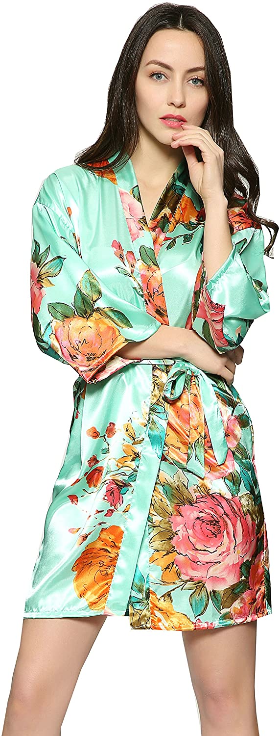 Price:$13.99 Zarachilable Large Floral Satin Floral Robe, Women Lady Bride Robe Bridesmaid Robe Night Robe at Amazon Women’s Clothing store