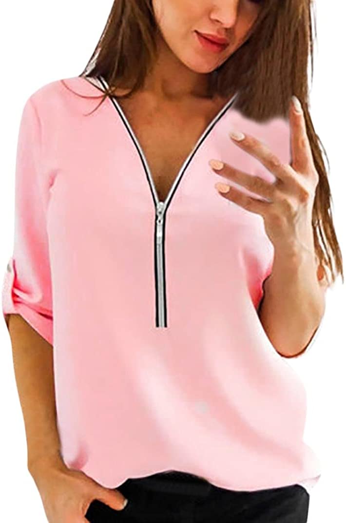 Price:$13.69 Showking Womens Casual Tops Shirt Ladies V Neck Zipper Loose Patchwork T-Shirt Blouse Tee Top at Amazon Women’s Clothing store
