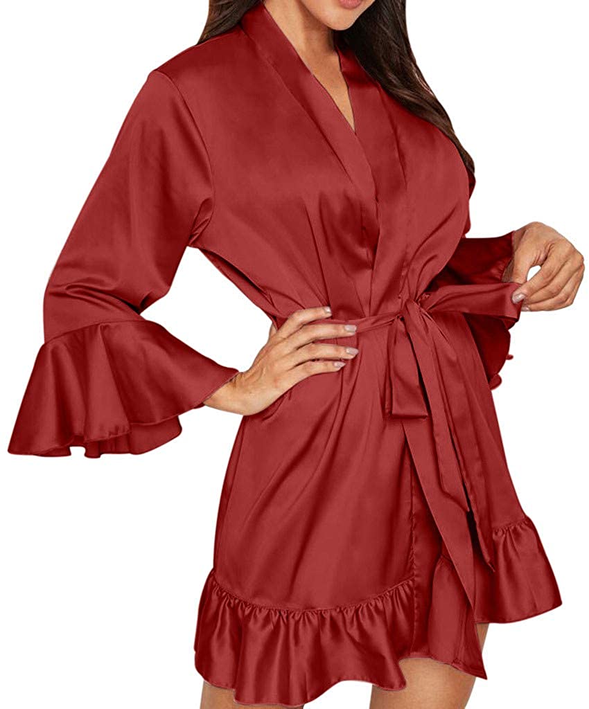 Price:$0.99 Women's Bathrobes Satin Kimono Robe Sexy 3/4 Sleeve Nightwear Short Lingerie Solid Color Robe Pajamas at Amazon Women’s Clothing store