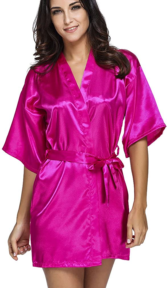 Price:$7.68 FLYCHEN Women's Short Pure Colour Robe Wedding Bridesmaid Lounge Kimono Satin Bathrobe at Amazon Women’s Clothing store