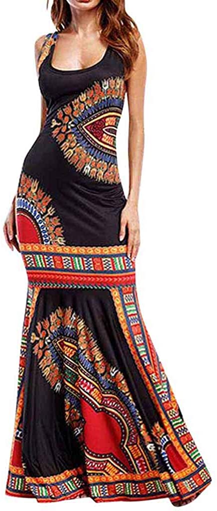 Price:$7.08    GOWOM Women Boho Floral Sleeveless Dashiki Maxi Long African Evening Cocktail Dress  Clothing