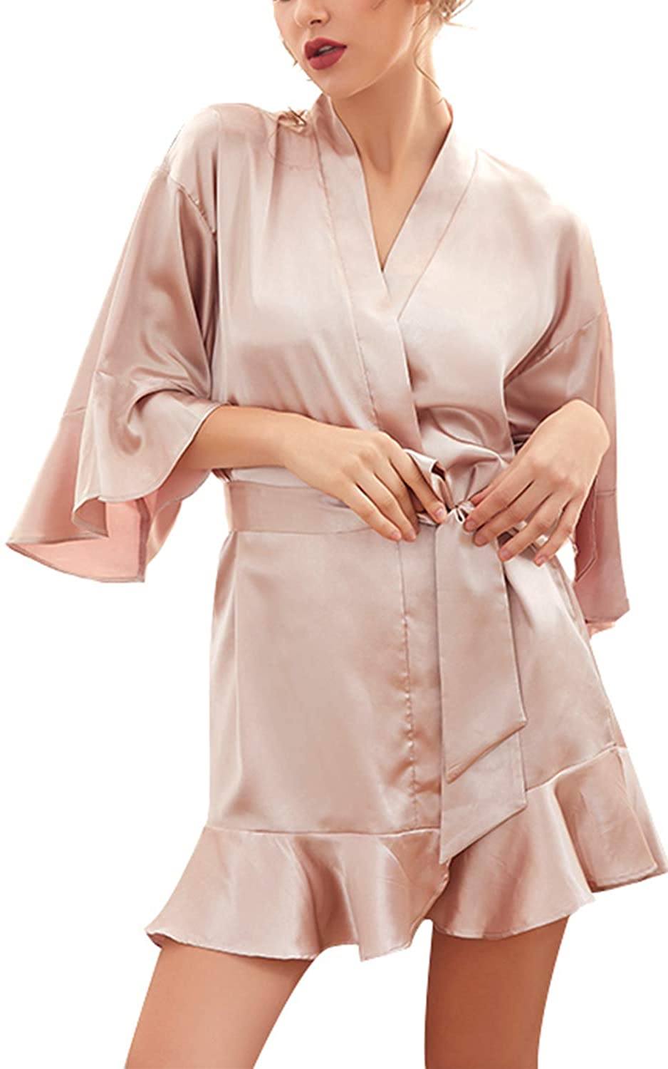 Price:$13.99 Women Kimono Robes Satin Short Bathrobe Bridesmaid Wedding Sleepwear at Amazon Women’s Clothing store