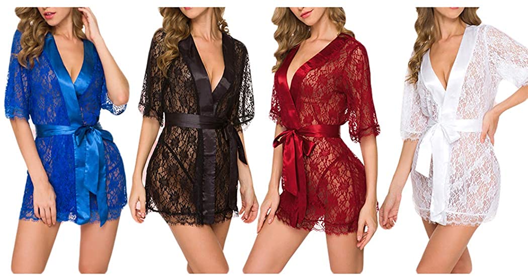 Price:$4.99 Women Lace Kimono Robe Casual Female Sexy Babydoll Lingerie Mesh See Through Bathrobes Nightgown at Amazon Women’s Clothing store