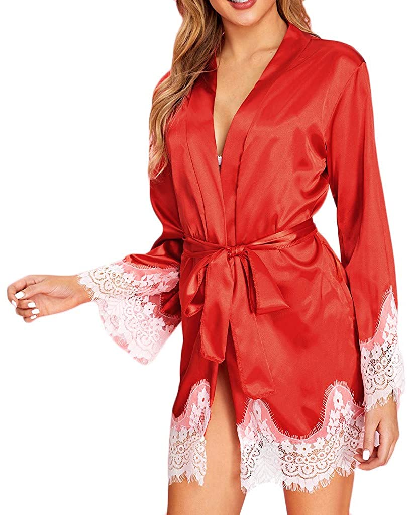 Price:$5.81 KIZOOM Lace Satin Robes for Women Lingerie Kimono Silk Long Sleeve Pajamas Sleepwear Robe with Belt Bathrobe at Amazon Women’s Clothing store