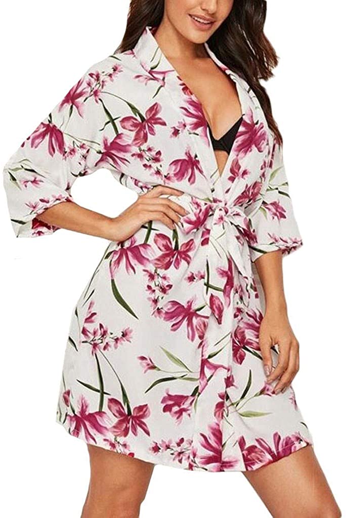 Price:$0.01 Drfoytg 2020 New Women Chiffon Printed Long Sleeve Pajamas Sleepwear Robe with Belt Bathrobe at Amazon Women’s Clothing store
