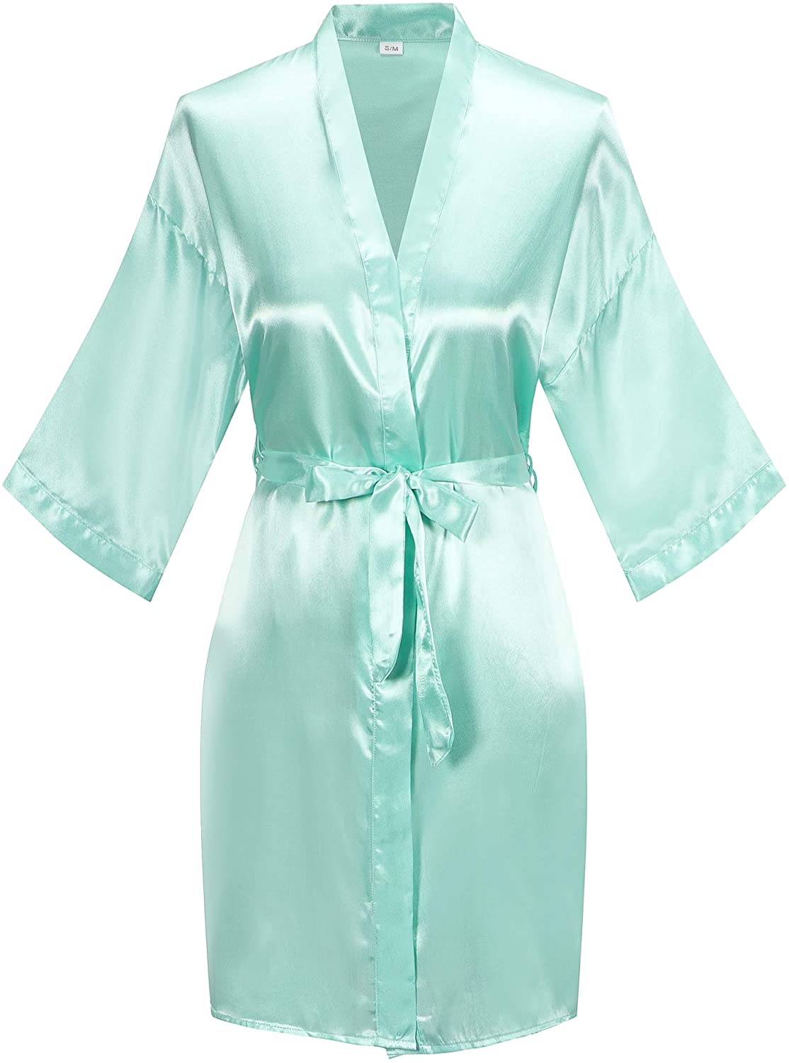 Price:$9.59 Women's Pure Color Satin Kimono Robe Short Bridesmaids Robe Dressing Gown at Amazon Women’s Clothing store