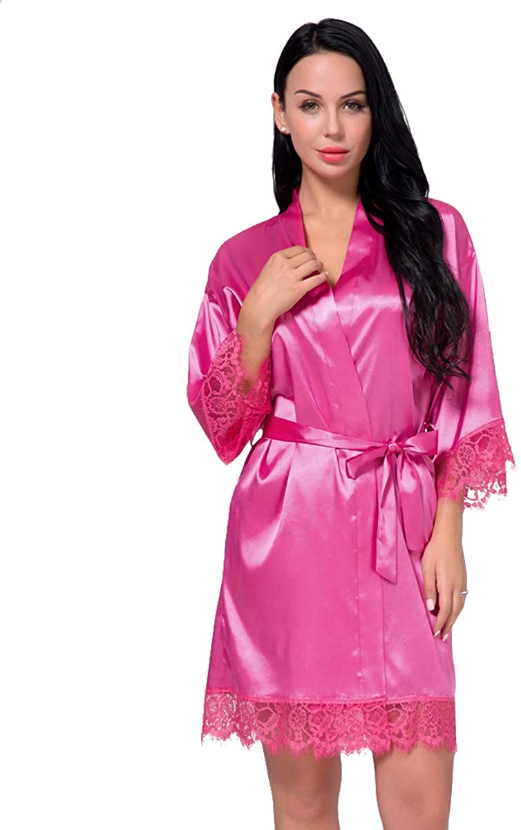 Price:$14.90 Women's Satin Silk Robe in Lace Stitching Sexy V-Necked Pajamas Kimono Nightgown Bridesmaids Sleepwear at Amazon Women’s Clothing store