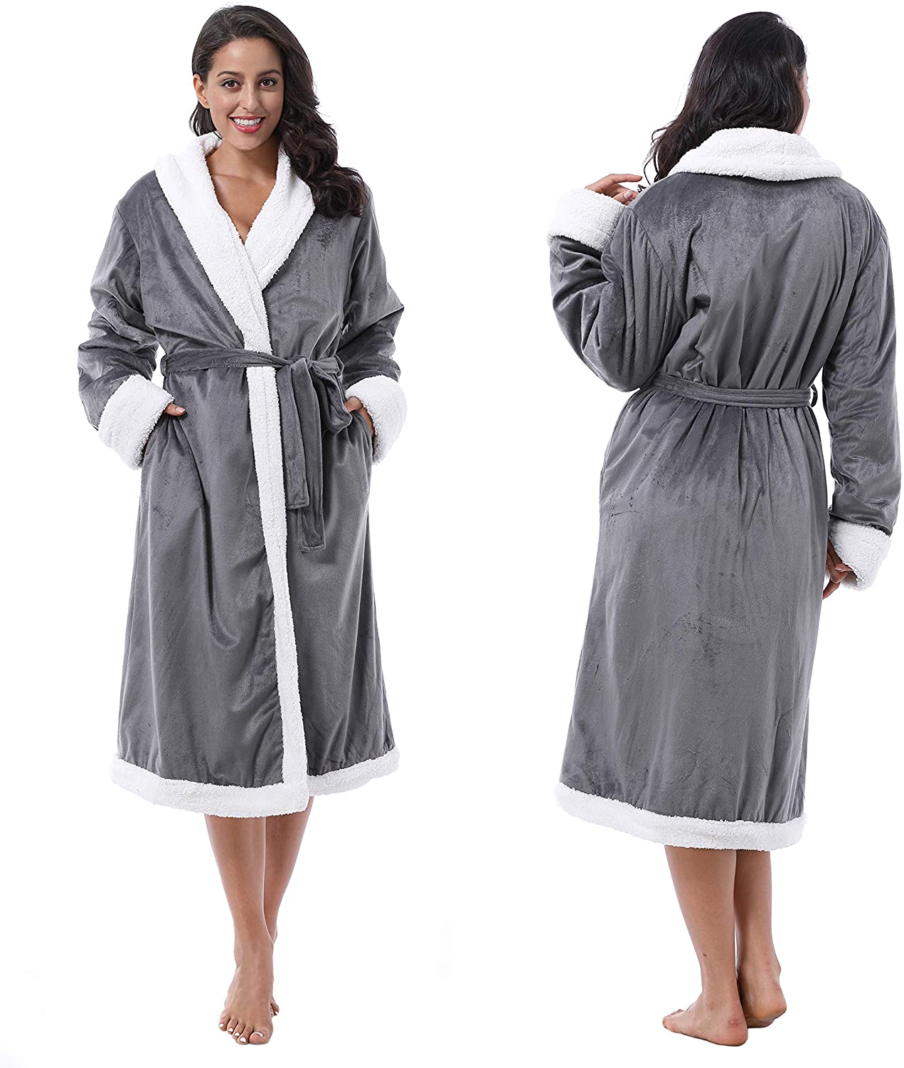 Price:$34.98    Tirrinia Women's Super Soft Warm Sherpa Bathrobe Micro Fleece Kimono Collar Plush Thick Spa Robe Sleepwear with 2 Side Pockets Gray  Clothing