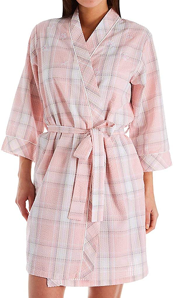 Price:$29.99 Miss Elaine Women's Plaid Tie-at-Waist Robe with Flower Embroidery at Amazon Women’s Clothing store