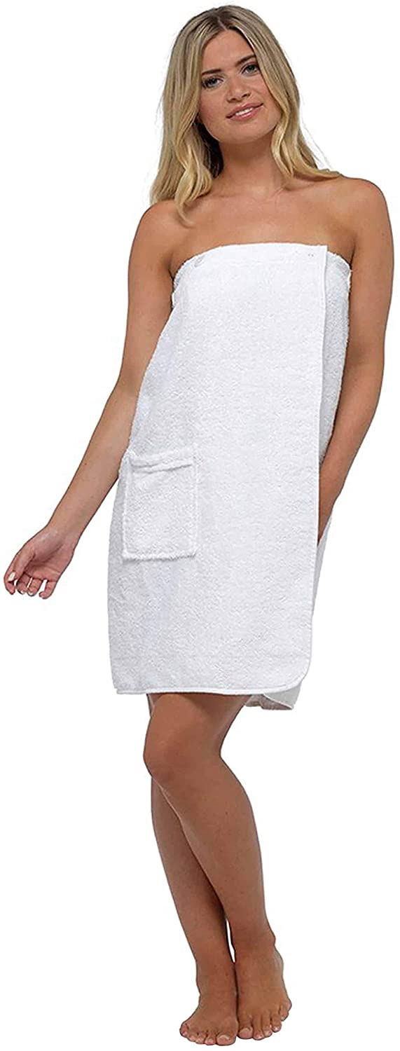 Price:$13.99 Womens 100% Cotton Terry Bath Shower Towel Wrap Dress with Buttons & Pocket (S/M, LN588 White) at Amazon Women’s Clothing store