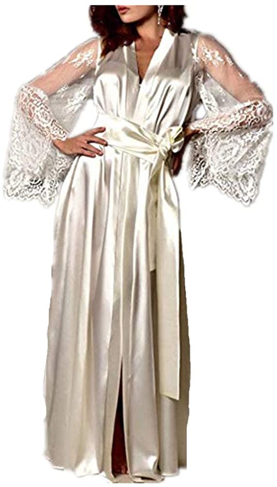 Price:$3.75    Armfer Bathing suit Women's Lace Long Sleeve Robe Babydoll Lingerie Silk Satin Plus Size Kimono Gown Cover Up Belted Bathrobes Sleepwear for Wedding Bridal Party  Clothing