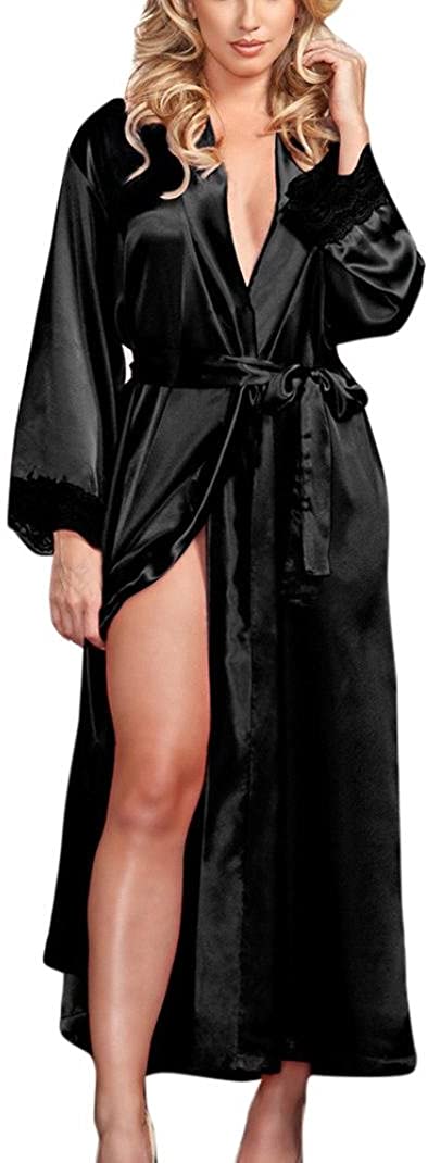 Price:$5.49 Hot Sale!WYTong Women Sexy Bath Robe Solid Long Silk Sleep Gown Long Sleeve Tie Night Robe (One Size, Black) at Amazon Women’s Clothing store
