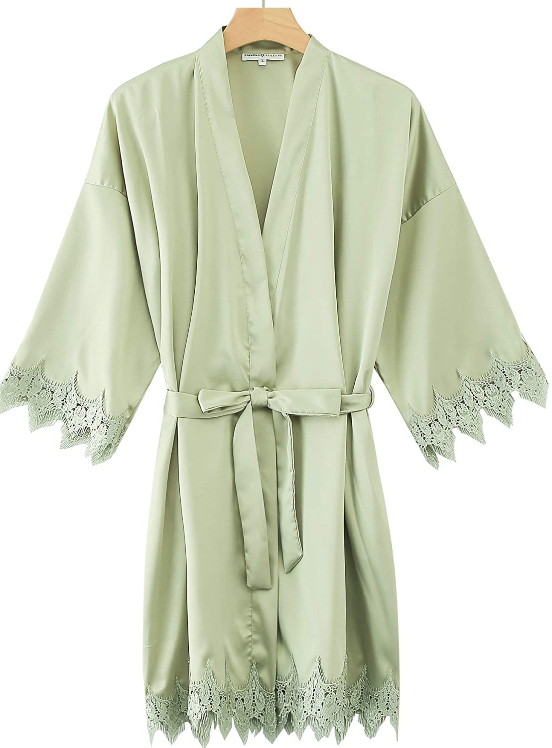 Price:$22.99 Owiter Women's Solid Matt Silk Satin lace Robe Satin Short Kimono Robes with Lace Trim (sage Green) at Amazon Women’s Clothing store