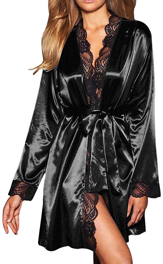 Price:$4.31 iTLOTL Women Sexy Long Silk Kimono Dressing Gown Babydoll Lace Lingerie Bath Robe at Amazon Women’s Clothing store