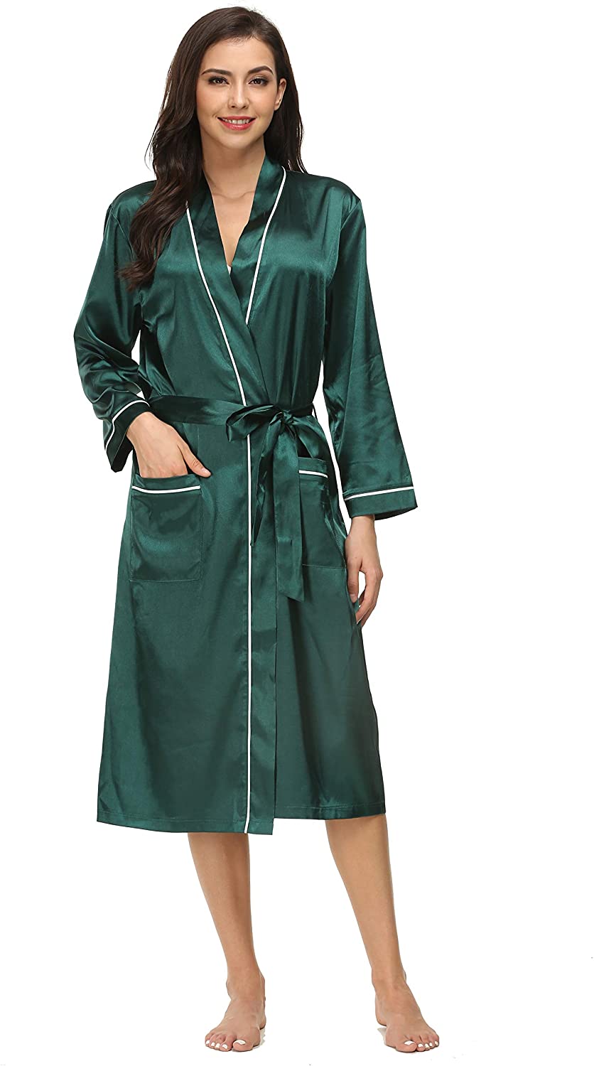 Price:$9.99 Kiddom Women Pajamas Silky Satin Robe Bathrobe Spa Loungewear Long Sleepwear with Pockets at Amazon Women’s Clothing store