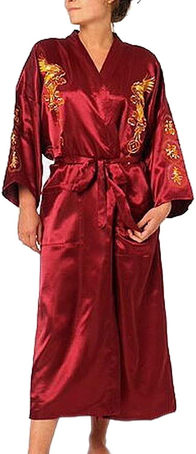 Price:$17.50 Burgundy Silk Embroidery Dragon Kimono Bathrobe Gown Women Sexy Satin Robe Long Nightgown BR040 at Amazon Women’s Clothing store