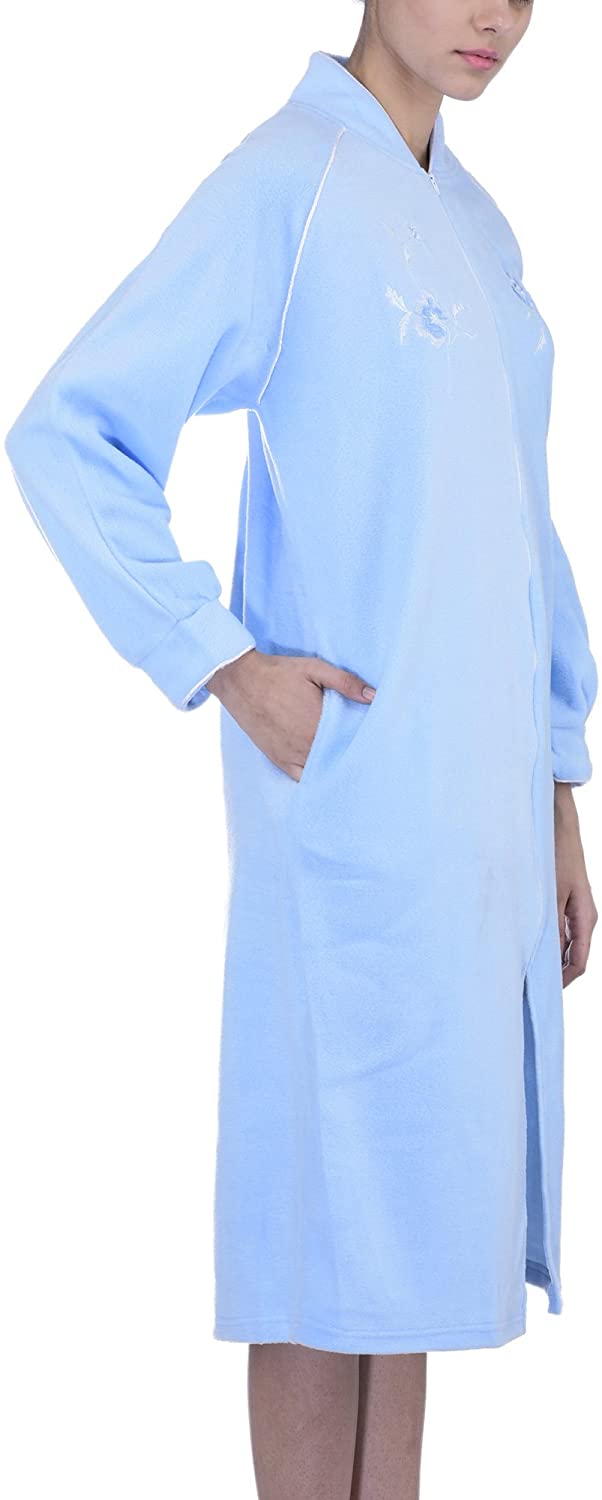 Price:$21.99 Women's Zip-Front Long Fleece Robe by EZI at Amazon Women’s Clothing store