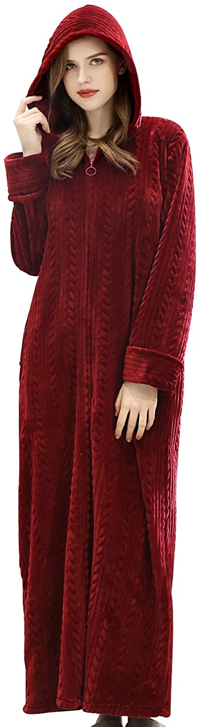 Price:$38.99 Shymay Women's Long Hooded Zipper Fleece Robes Flannel Full Length Bathrobe Nightgown Sleepwear Pajamas at Amazon Women’s Clothing store