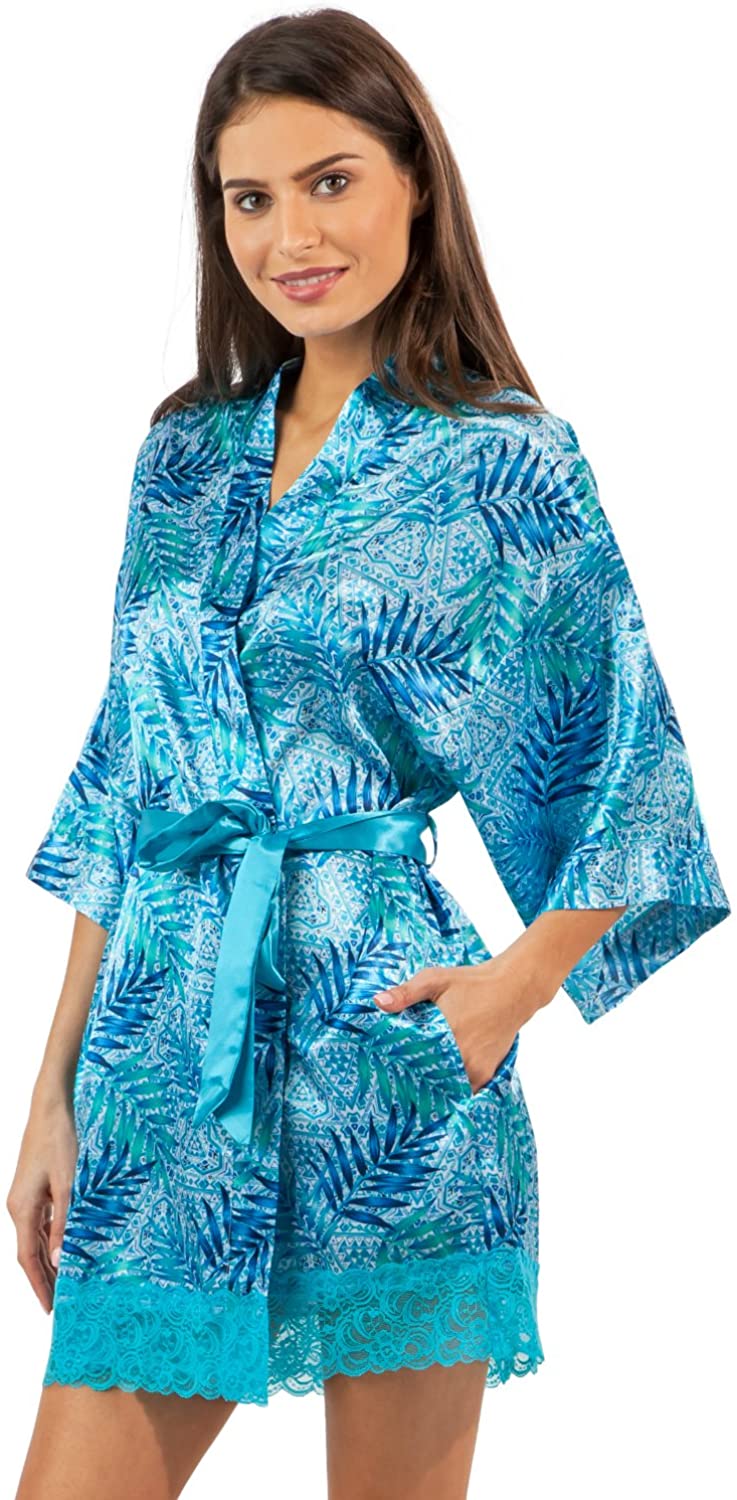 Price:$24.99 Ashford & Brooks Women's Satin Kimono Bridesmaid Short Robe Silky Bathrobe With Pockets at Amazon Women’s Clothing store
