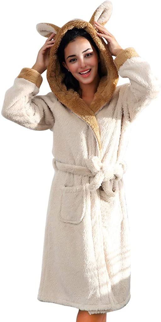 Price:$27.04 Hemlock Women Winter Fleece Bathrobe Thick Shawl Bathrobe Rabbit Ears Cute Hooded Coat Warm Pajamas Sleepwear at Amazon Women’s Clothing store