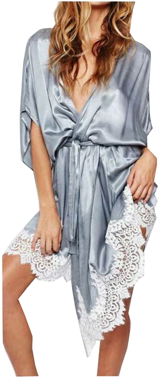 Price:$2.99 ICOOLTECH Women Silk Satin Robe Bride Bridesmaid Lace Lingerie Wedding Kimono Bathrobe Sleepwear at Amazon Women’s Clothing store