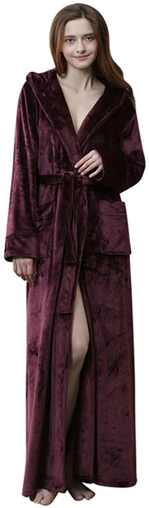 Price:$36.99 BIKETAFUWY Hooded Bathrobe for Women, Robe Coat Winter Lengthened Pajamas Fleece Plush Sleepwear Soft Waistband Gown at Amazon Women’s Clothing store