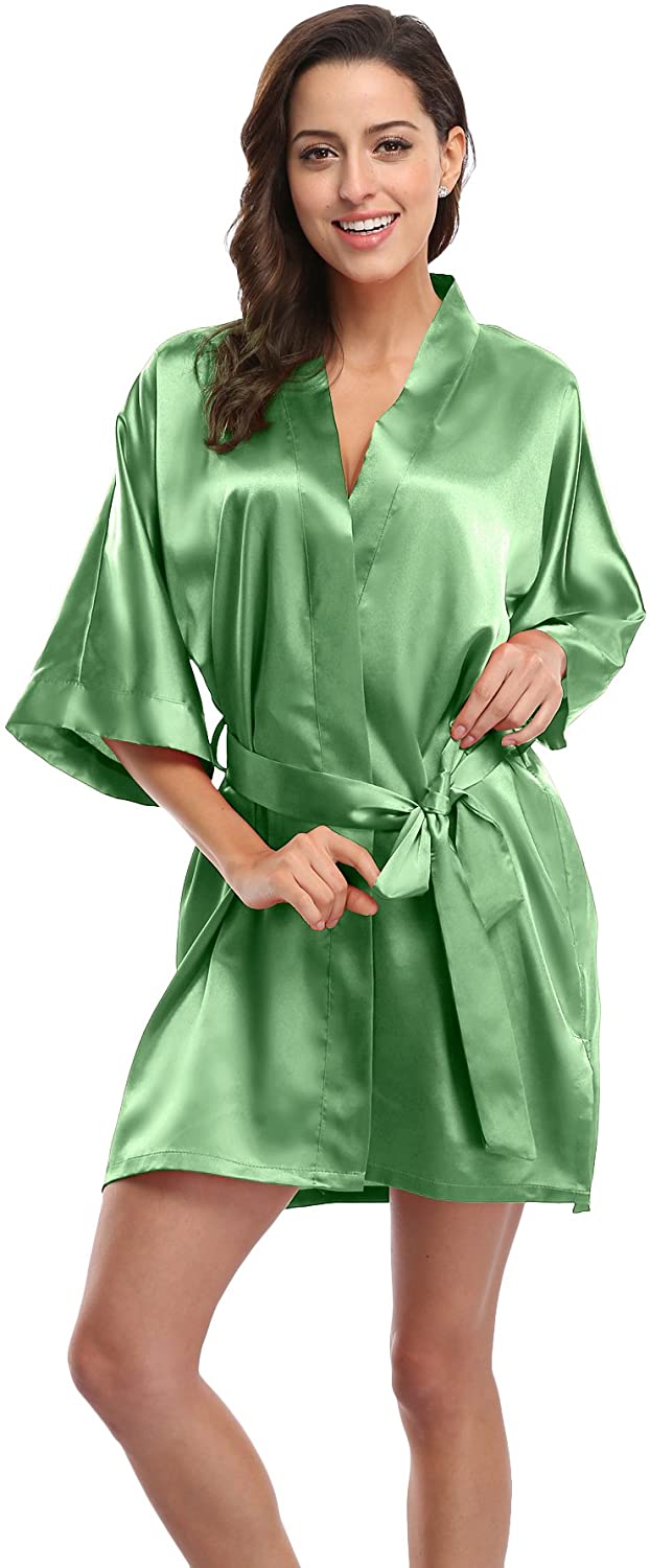 Price:$3.99 Women's Satin Short Kimono Robe Bridesmaid Robes Solid Color Bathrobe for Wedding Bridal Party at Amazon Women’s Clothing store