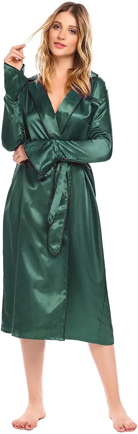Price:$18.99 Ouyilu Womens Satin Kimono Robe Long Bridesmaid Wedding Bath Robe with Attached Belt at Amazon Women’s Clothing store