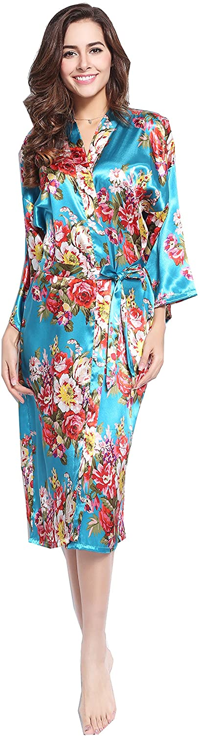 Price:$12.99 Zarachilable 14 Color Long floral robe Bride Kimono bridesmaid Robe satin Night dress (tiffanny blue) at Amazon Women’s Clothing store