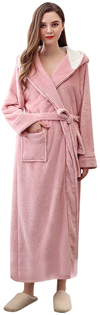 Price:$23.99 Ankola Women’s Fleece Full Length Hooded Robe Thicken Shawl Collar Hooded Bathrobe with Pockets at Amazon Women’s Clothing store