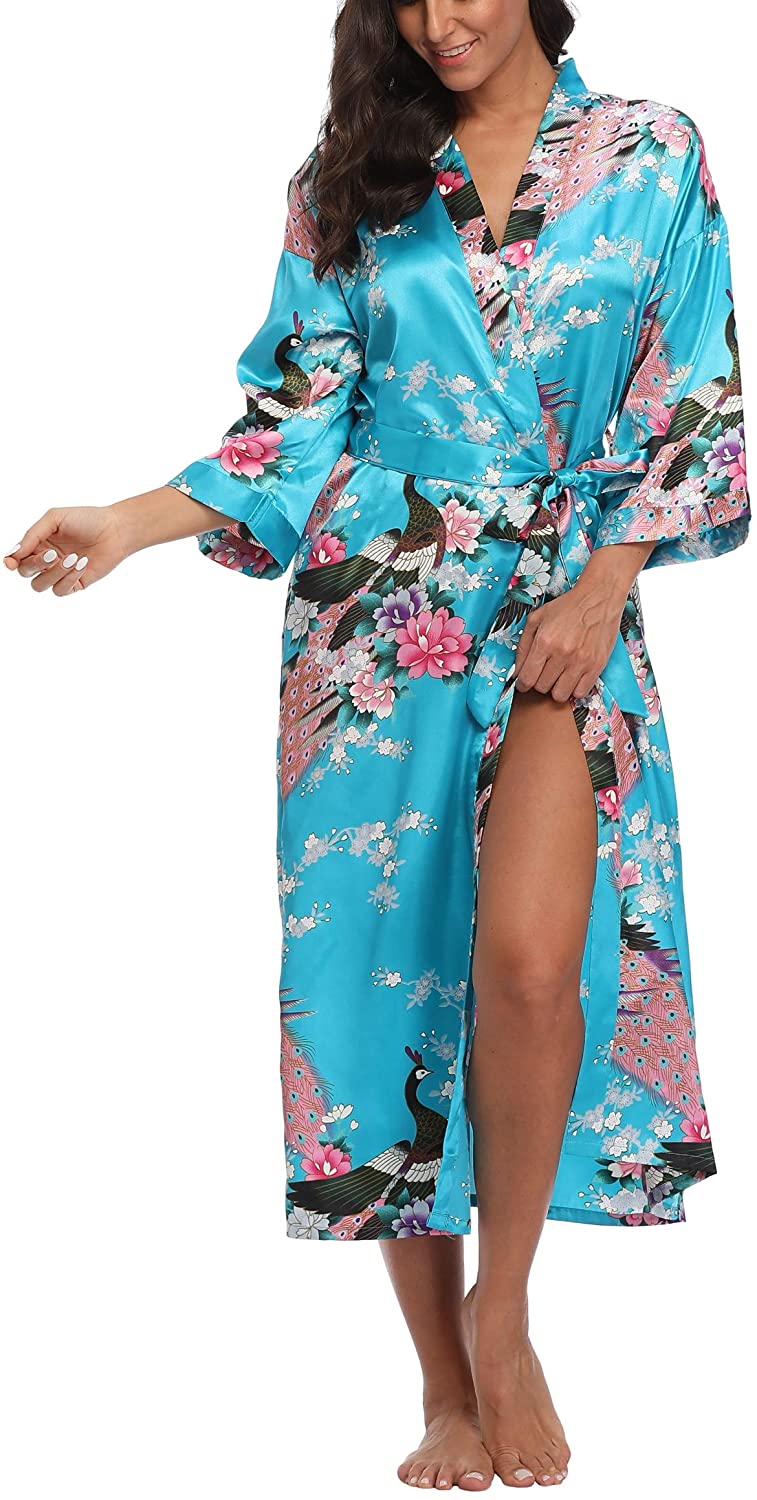 Price:$13.99 WitBuy Women's Long Peacock Satin Robe for Bride and Bridesmaids Soft Silky Bathrobe Nightgown for Ladies at Amazon Women’s Clothing store
