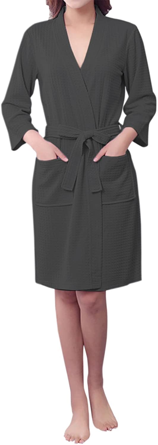 Price:$21.99 LAPAYA Women's Kimono Robe Waffle Weave Knee Length Lightweight Knit Spa Bathrobe, Grey, L/XL at Amazon Women’s Clothing store