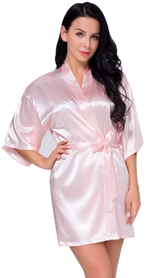 Price:$44.99    Women Kimono Bathrobe, Bridesmaid Wedding Gown Robe Plus Size Bathrobe Satin Kimono Robe Sexy Sleepwear Color Solid Nigthwear,Pink,L  Clothing