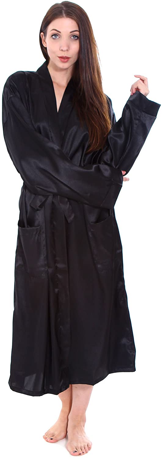 Price:$22.99 Simplicity Unisex Long Satin Kimono Black Robe Sleepwear at Amazon Women’s Clothing store  Bathrobes