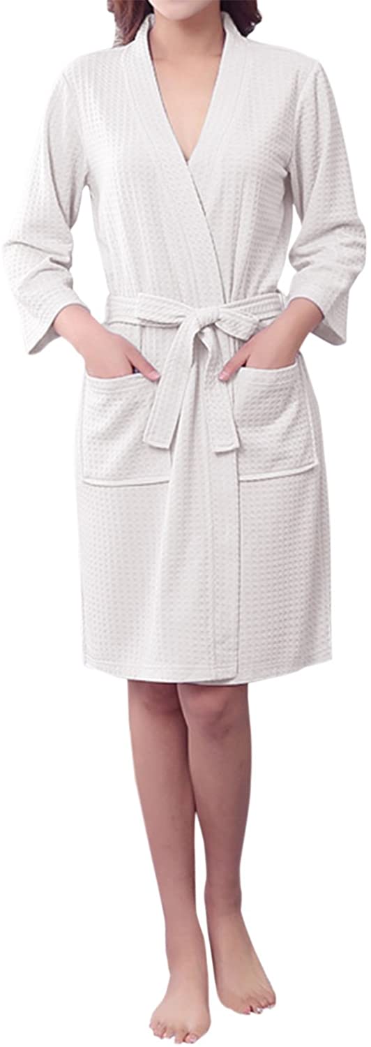 Price:$21.99 LAPAYA Women's Kimono Robe Waffle Weave Knee Length Lightweight Knit Spa Bathrobe, White, S/M at Amazon Women’s Clothing store