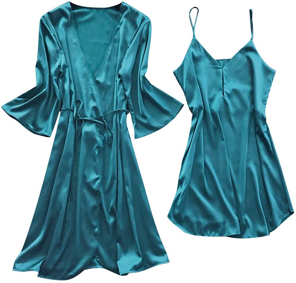 Price:$10.98    Lingerie Women Silk Solid Robe Dress Babydoll Sleepwear Nightdress Pajamas Set  Clothing