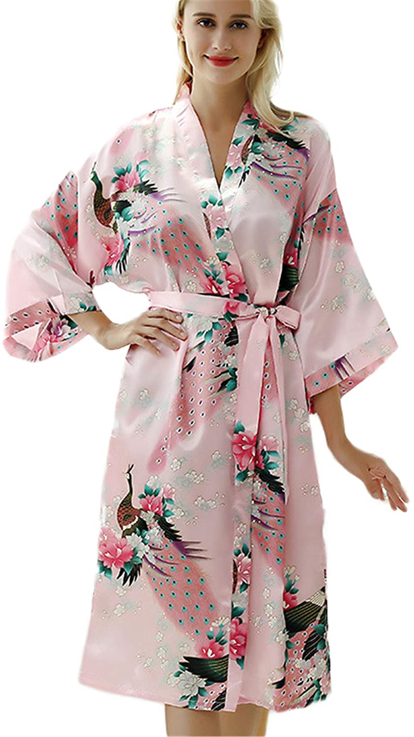Price:$0.99 Soluo Women's Kimono Robe Long Printed Kimono Wrap Front Satin Robes Sexy Nights Pajamas Sleepwear Bathrobe at Amazon Women’s Clothing store