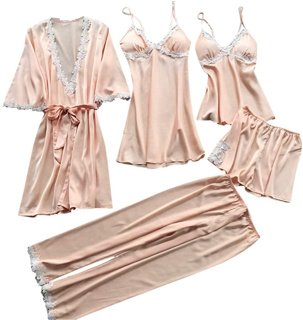 Price:$1.85 WUAI Womens 5PCS Nightgown Robe Set Lightweight Kimono Bridesmaids Sleepwear Satin Bathrobe Sexy Lace Lingerie at Amazon Women’s Clothing store