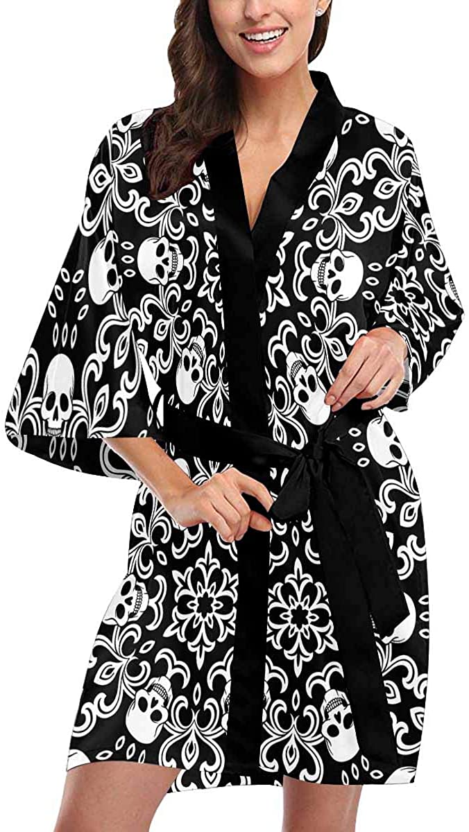 Price:$42.99 Custom Black and White Skull Women Kimono Robes Beach Cover Up for Parties Wedding (XS-2XL) at Amazon Women’s Clothing store