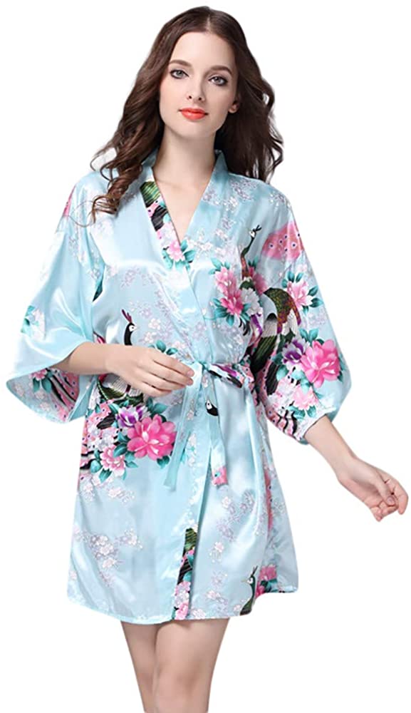 Price:$9.46 Women's Kimono Floral Satin Robe Lightweight Bath Robe Bathrobe Soft Sleepwear V-Neck Ladies Nightwear at Amazon Women’s Clothing store